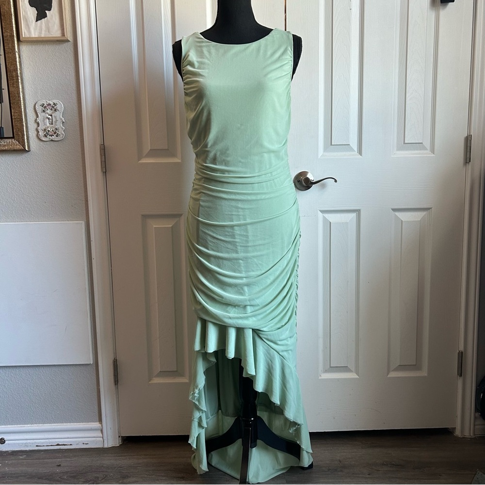 Zesica soft green boatneck mesh ruched bodycon mermaid sleeveless dress
